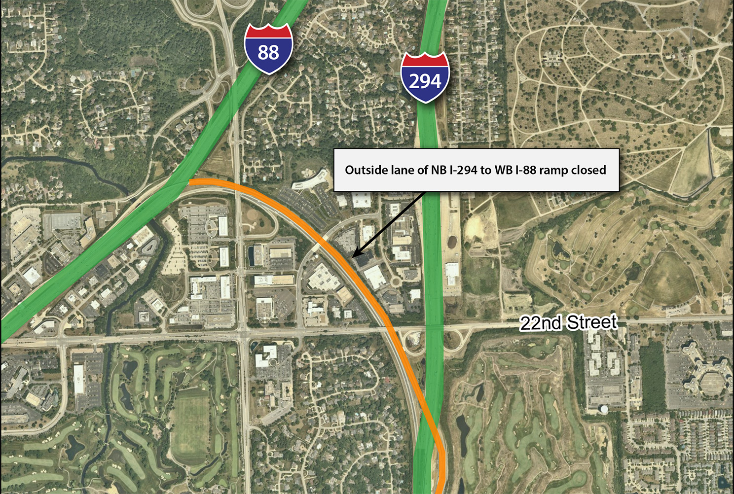 NB I-294 to WB I-88 Ramp Lane Closure Map