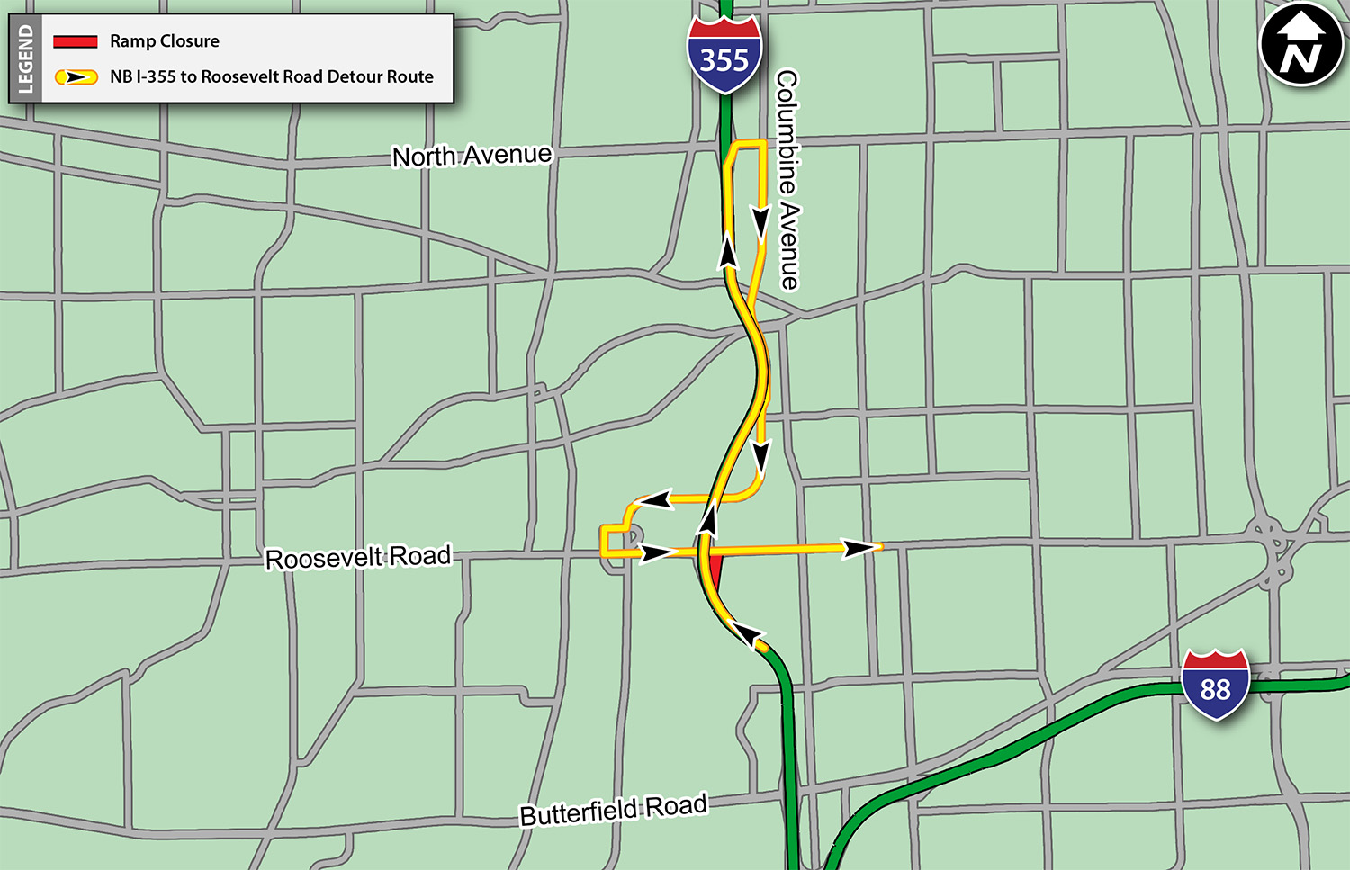 NB I-355 To Roosevelt Road Ramp Closure Detour Map