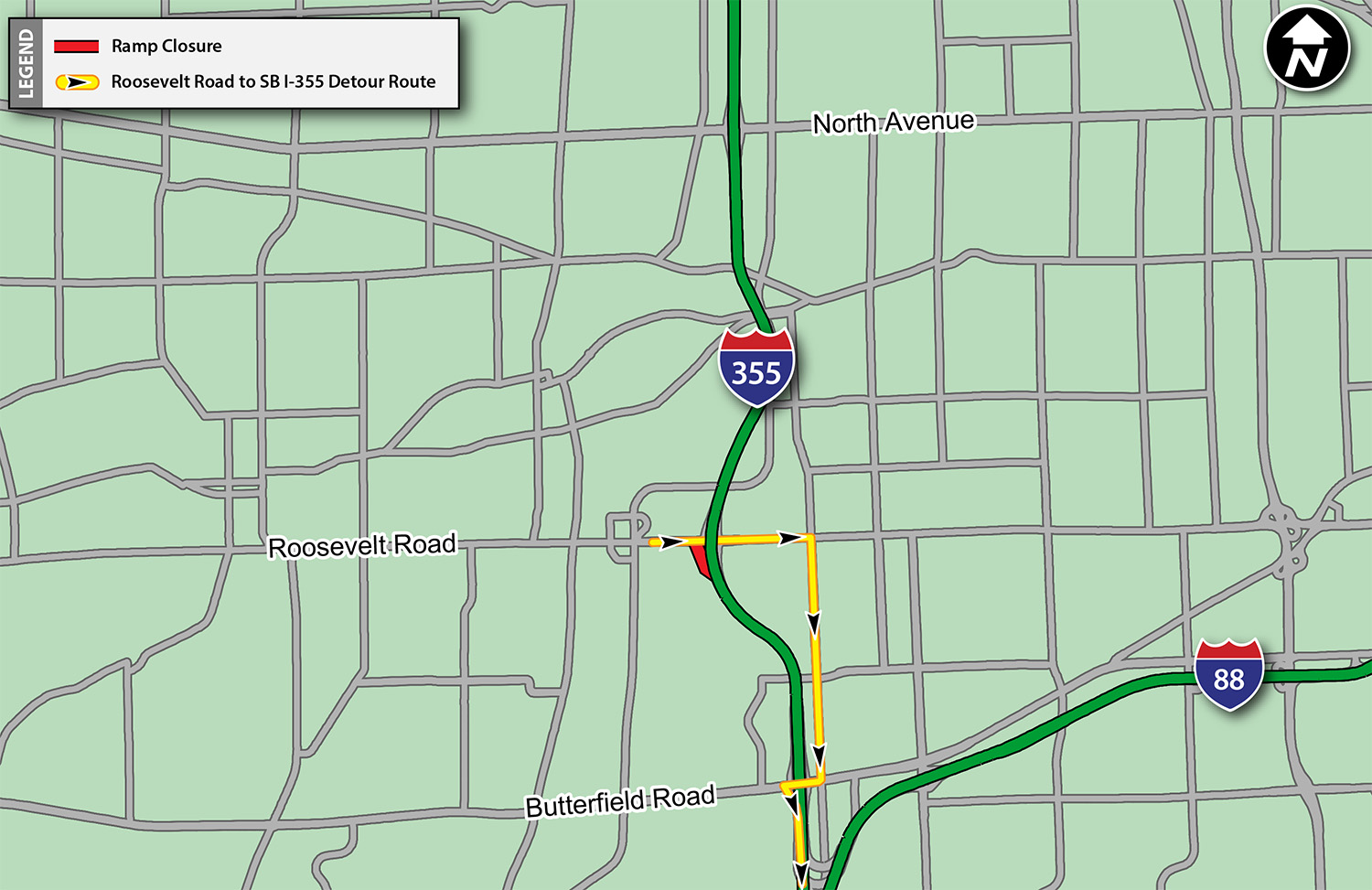 Roosevelt Road to SB I-355 Ramp Closure Detour Map